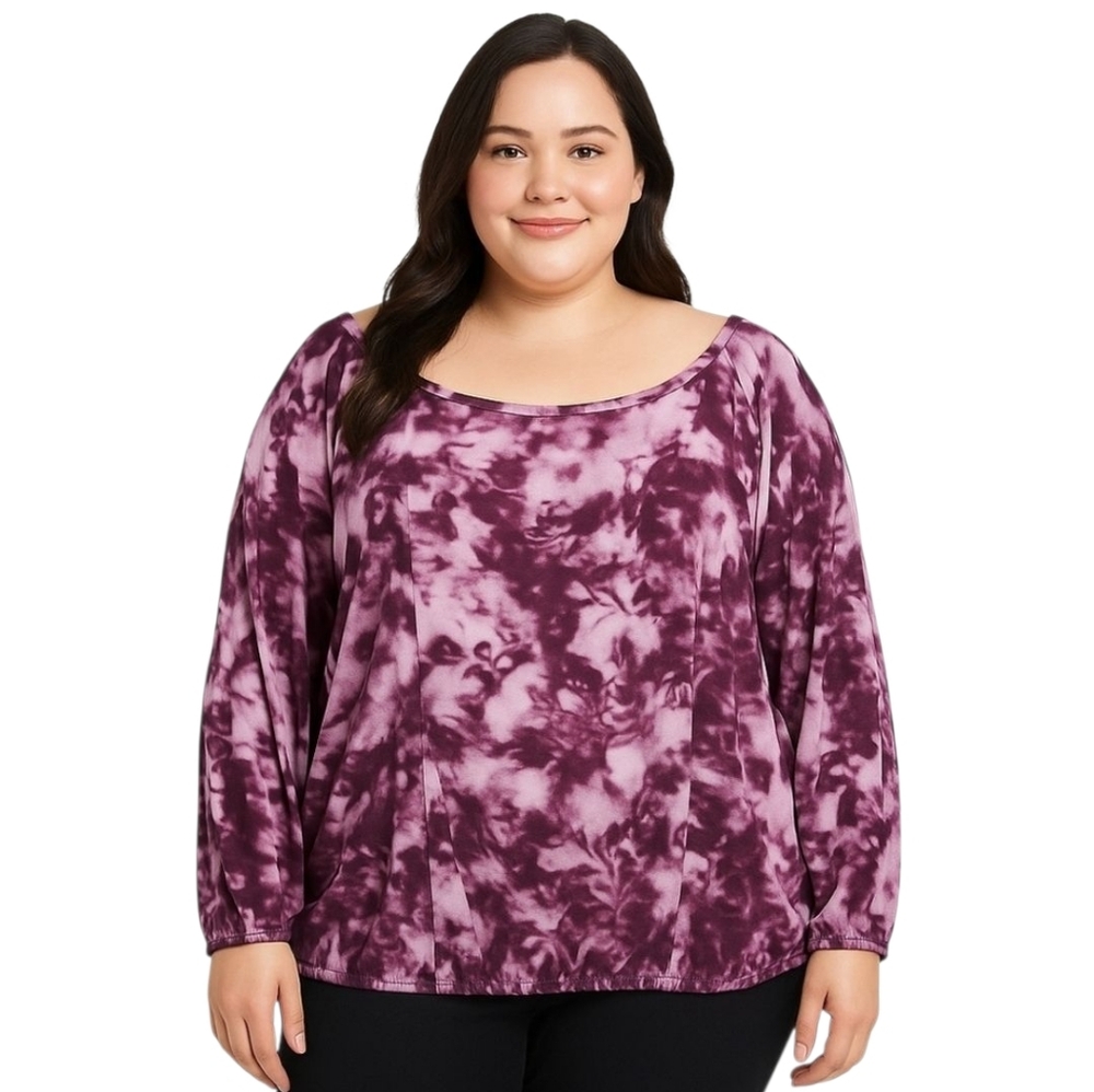 Daisy Fuentes Women’s 2X Cranberry Tie Dye Floral Long Sleeve Blouse Top